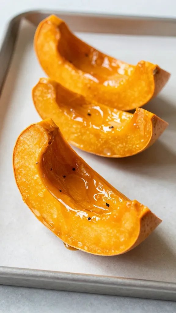 caramelized pumpkin wedge on parchment-lined tray