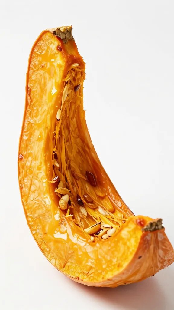 cross-section of roasted pumpkin wedge, crisp edges