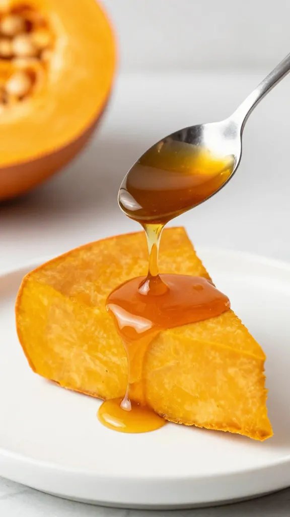 spoon dripping maple cream over one pumpkin wedge