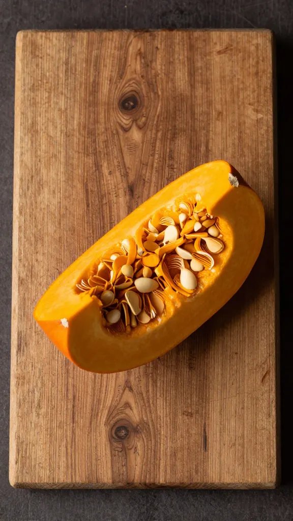 single pumpkin wedge on rustic wooden board