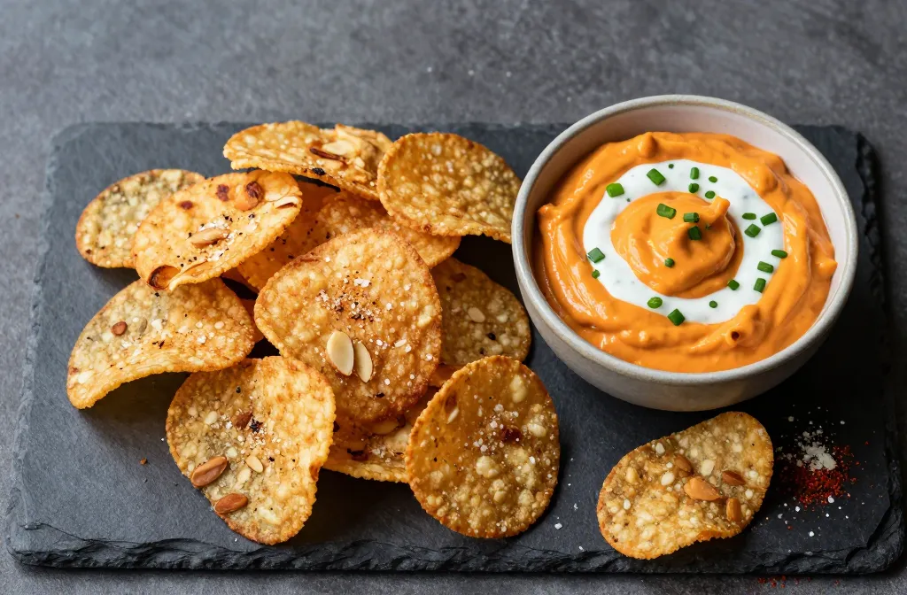 Crispy Air Fryer Almond Flour Keto Chips with Buffalo Dip