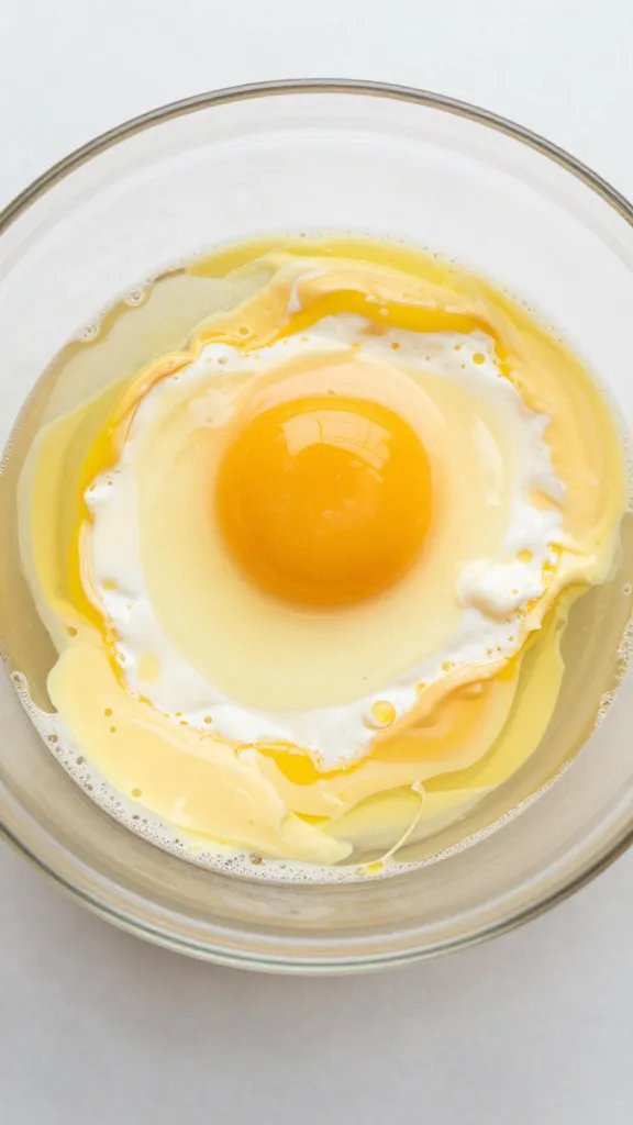 whisked egg white in glass bowl, overhead