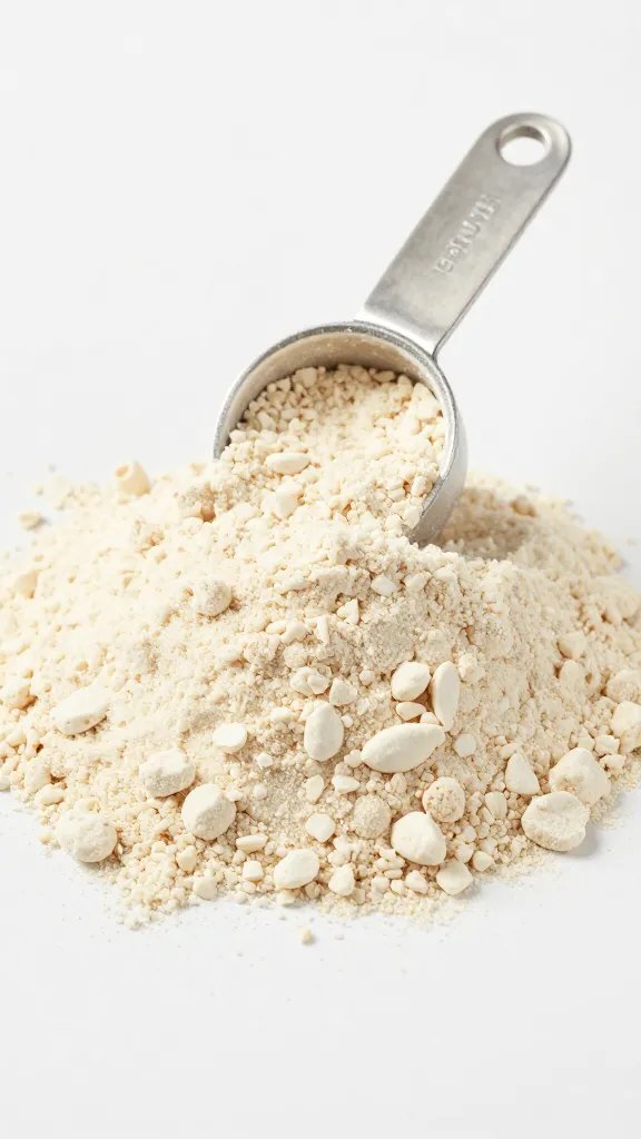 almond flour heap with measuring spoon, macro