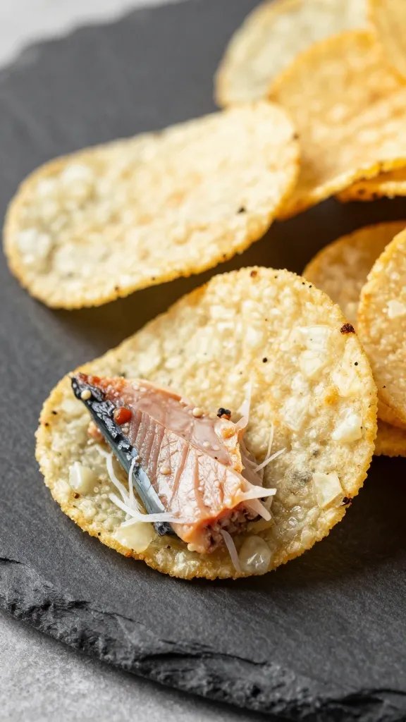 closeup tuna-stuffed kettle chip on matte slate plate