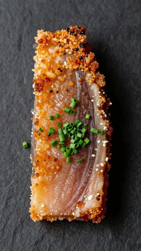 single tuna crisp topped with chive garnish