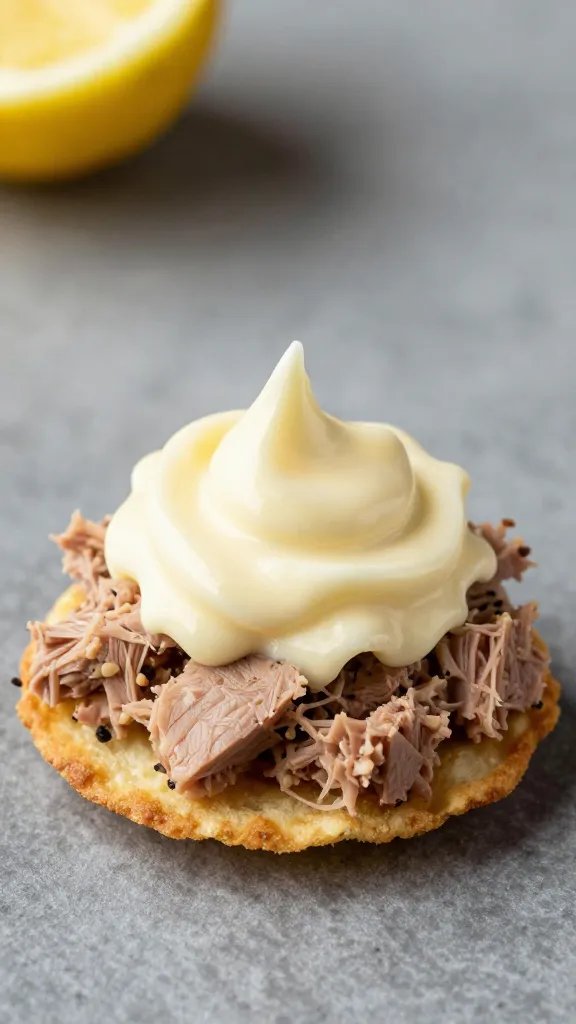 lemon aioli swirl on one tuna-stuffed crisp