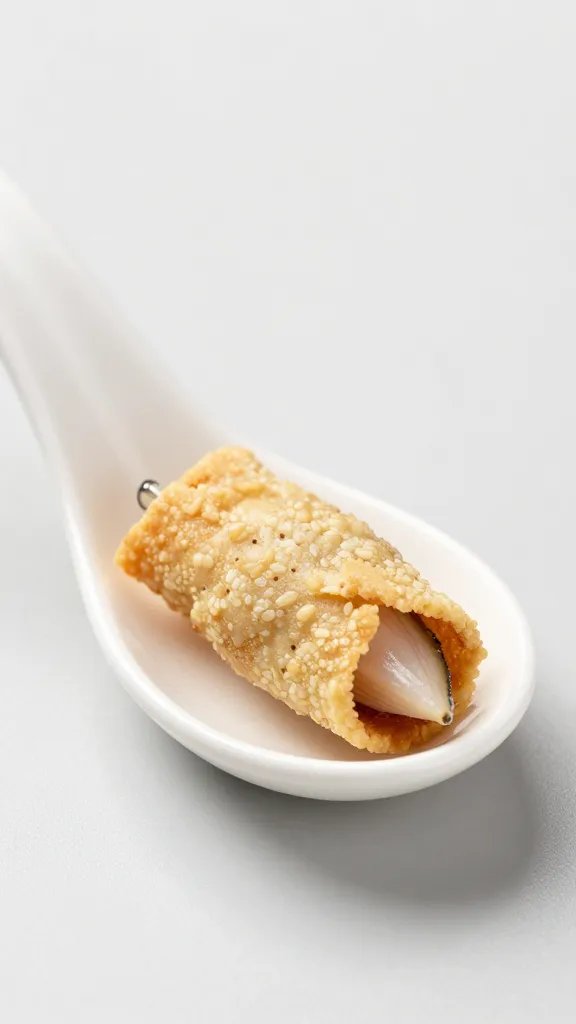 single tuna-stuffed crisp on white porcelain spoon