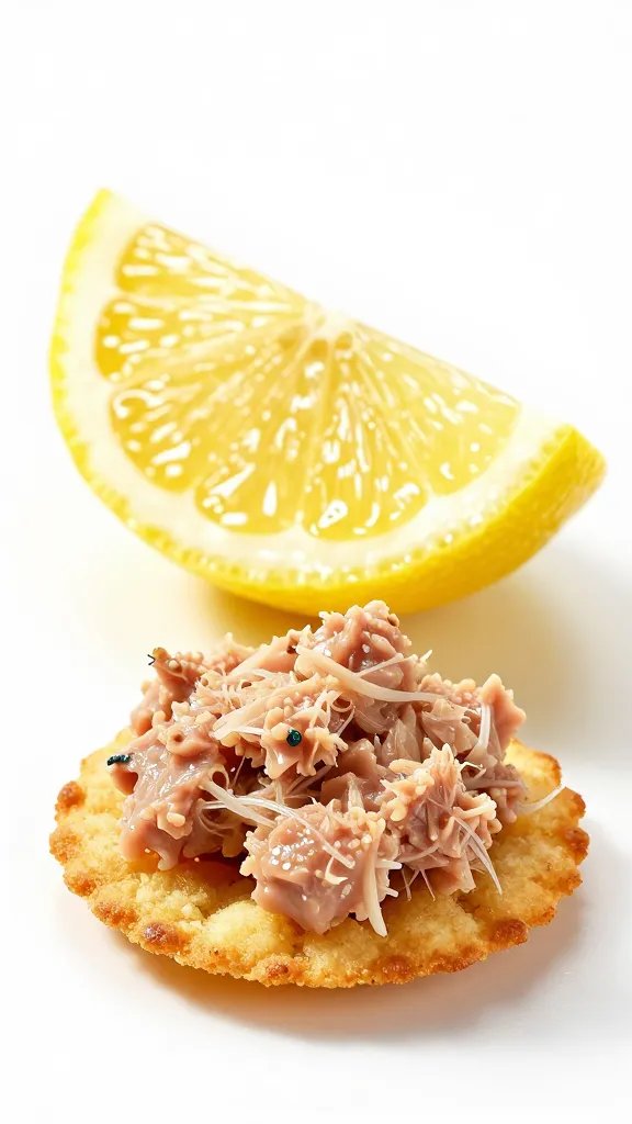 glossy lemon wedge beside one tuna-stuffed crisp