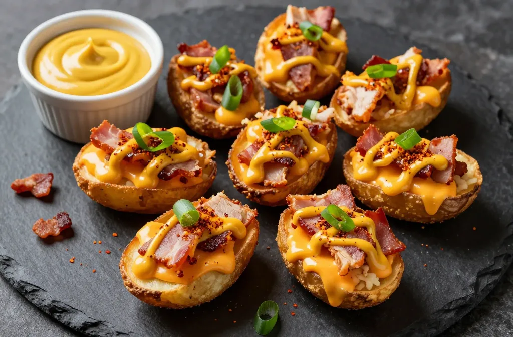 Crispy Air Fryer Turkey Bacon Potato Skins with Bbq Mustard