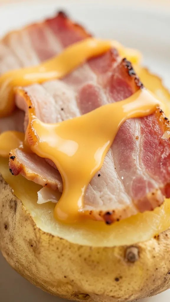 closeup potato skin with melty cheddar and turkey bacon