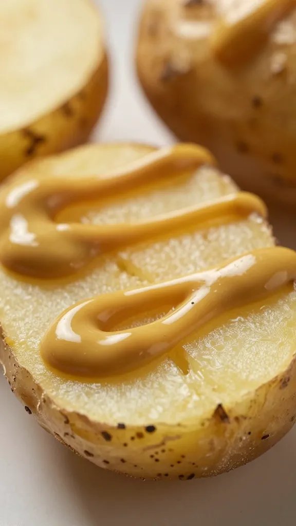 glossy BBQ mustard drizzle on potato skin, macro shot