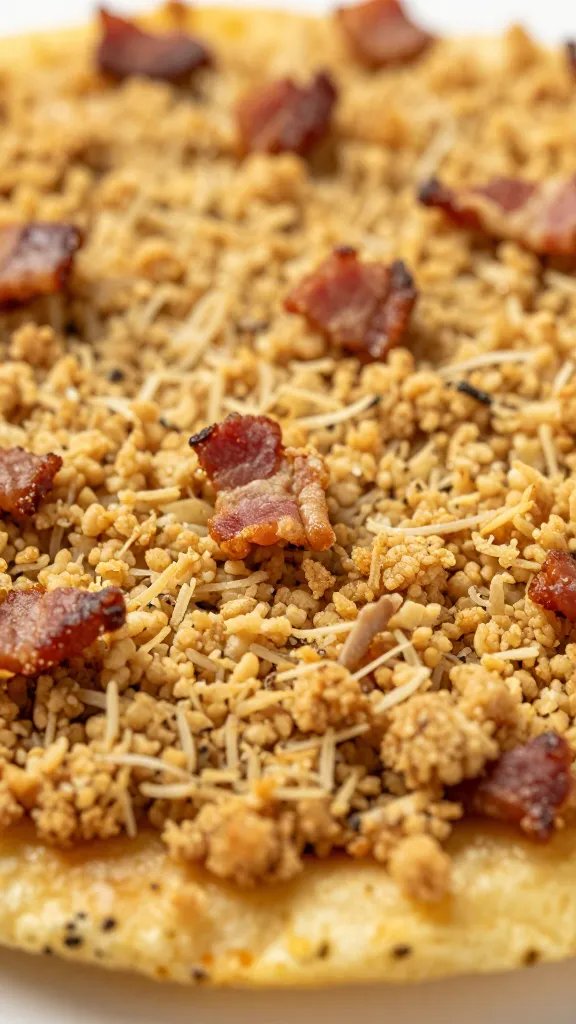 turkey bacon crumble on potato skin, crispy texture closeup