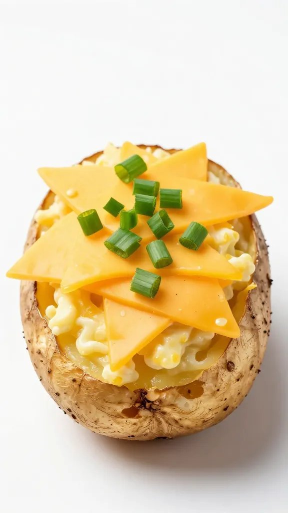 potato skin topped with scallions and cheddar, studio lighting