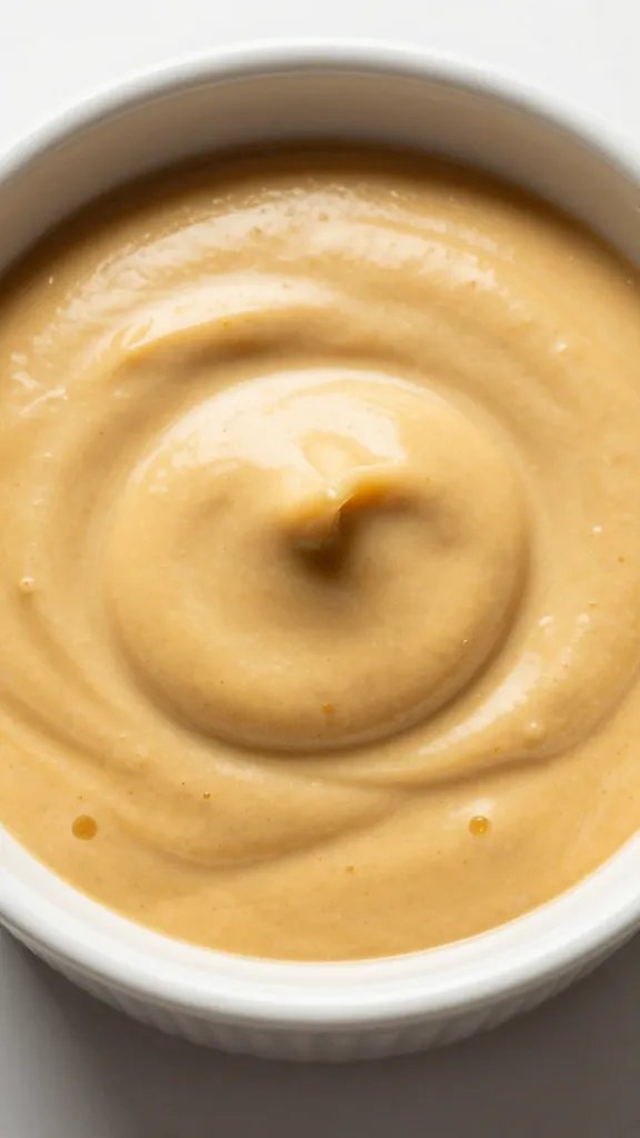ramekin of BBQ mustard sauce, smooth swirl, overhead