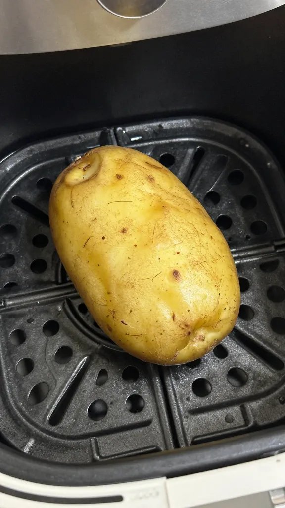 air fryer basket holding one golden potato skin, closeup