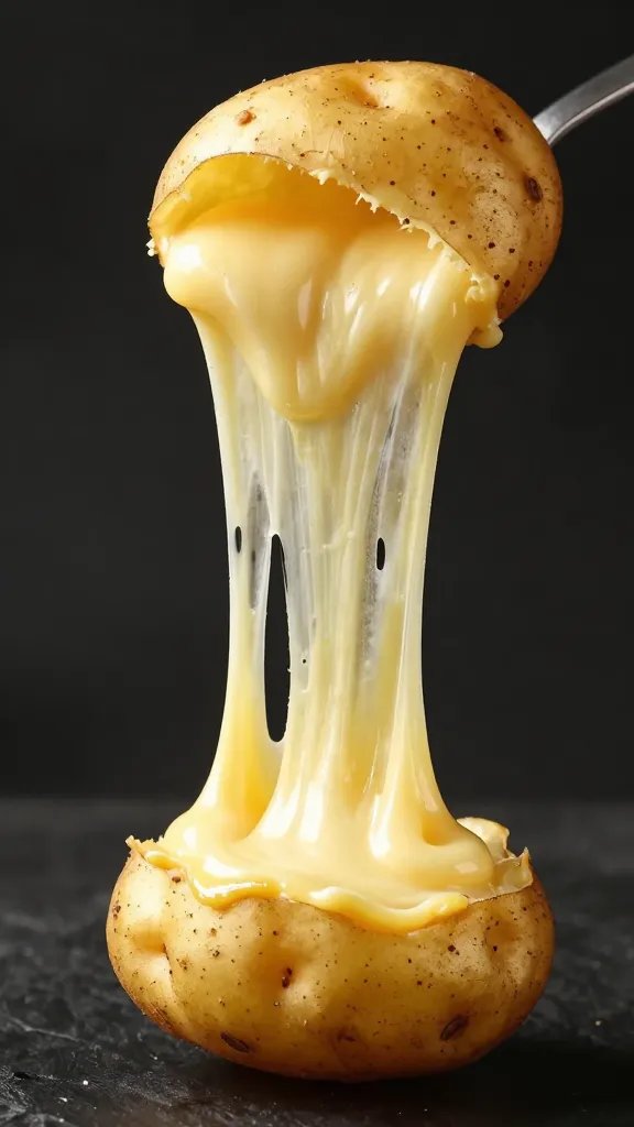 melted cheese pull from single potato skin, tight crop