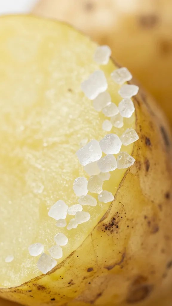 sea salt crystals on crisp potato skin edge, macro shot