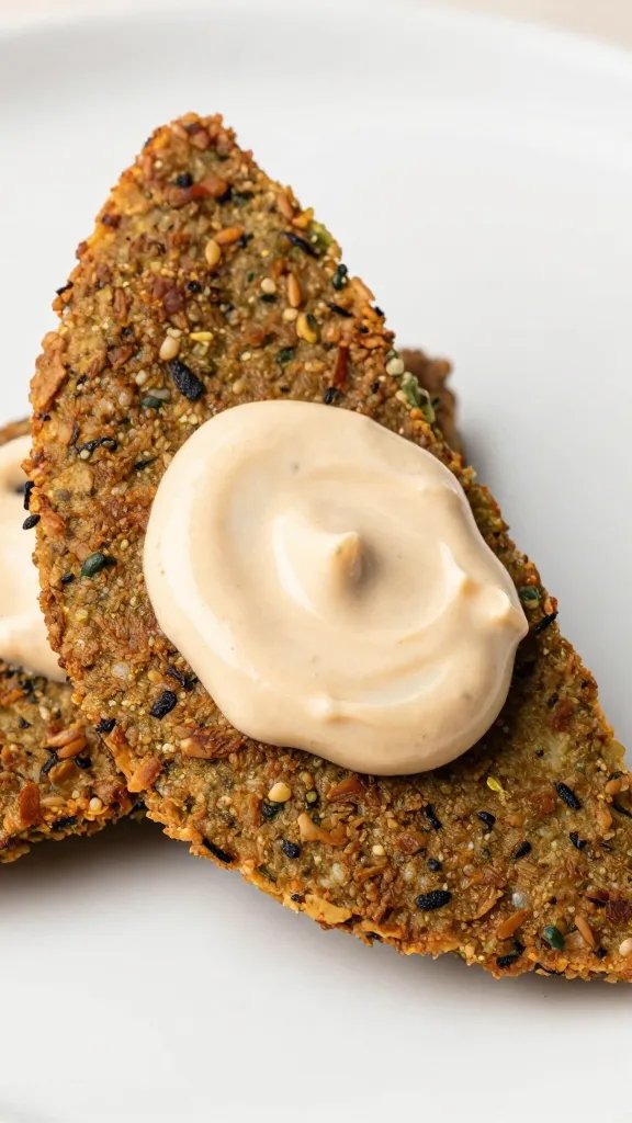 falafel wedge dipped in tahini garlic sauce, macro shot