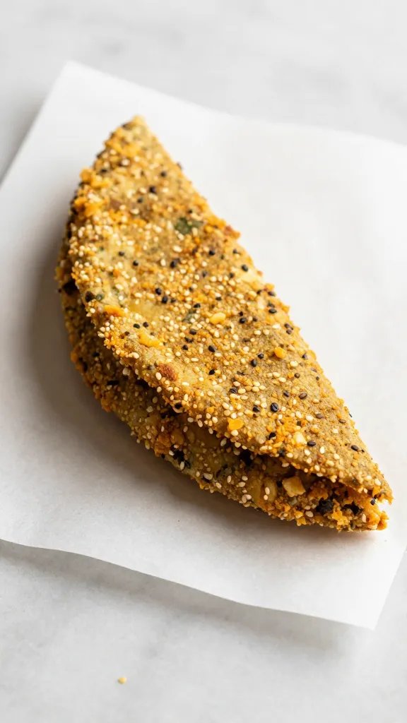 golden falafel wedge on parchment, sesame crumbs visible
