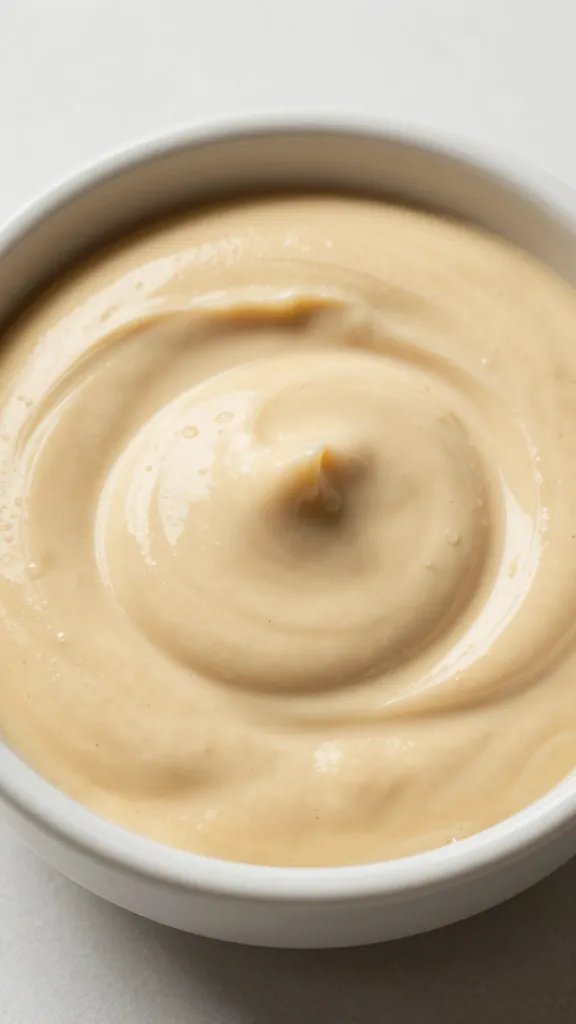 tahini garlic sauce in small ceramic bowl, swirled surface