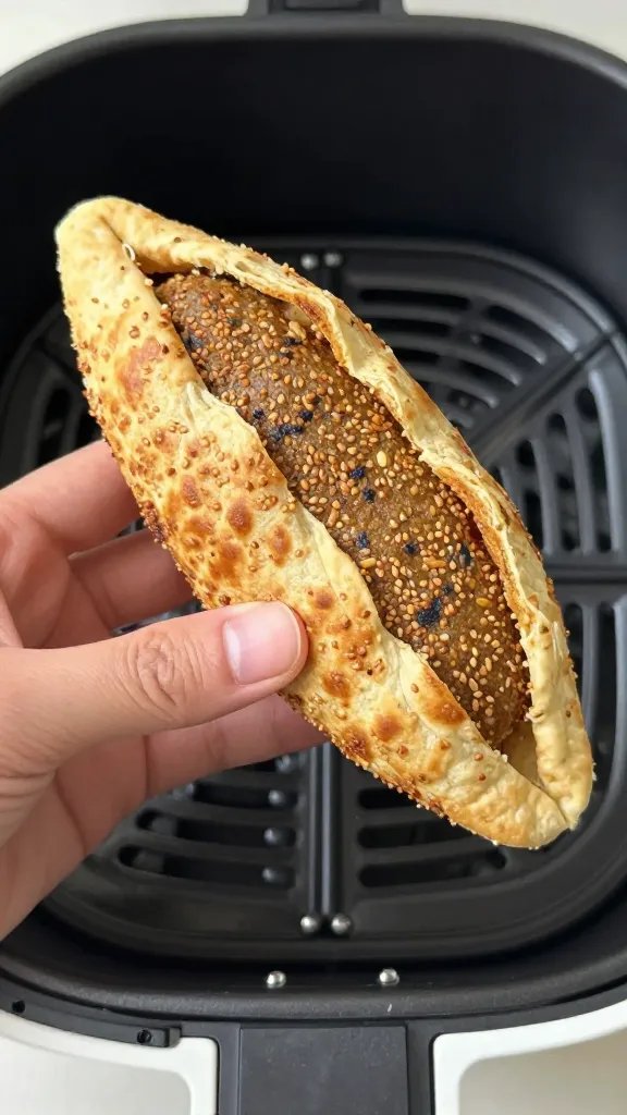 hand holding single falafel wedge over air fryer basket