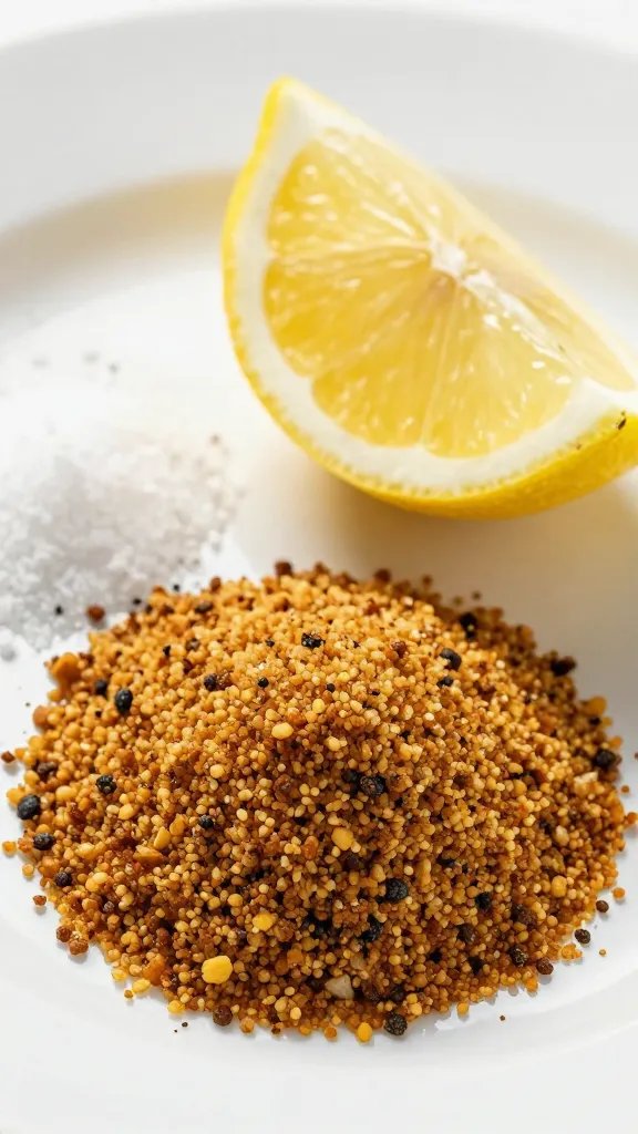 lemon wedge with coarse salt beside falafel crumbs
