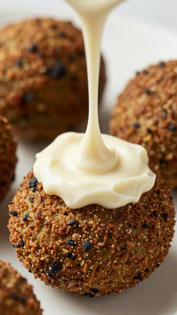 drizzle of tahini over one falafel wedge, tight closeup