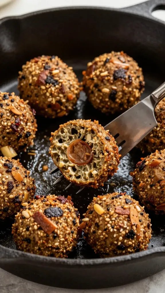 scored falafel round before cutting, cast-iron skillet closeup