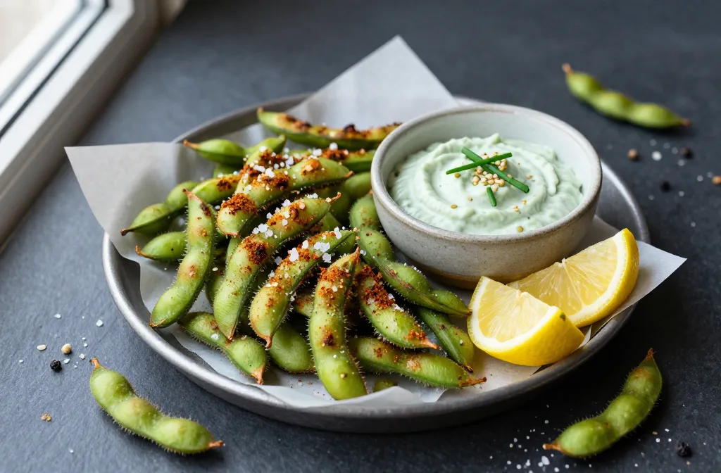Crispy Air Fryer Edamame Pods "Fries" with Wasabi Ranch