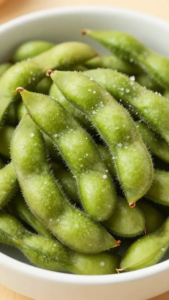 closeup bowl of crispy edamame pods with sea salt