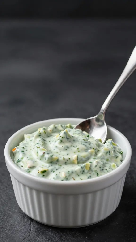wasabi ranch dip in ramekin with spoon, studio lighting