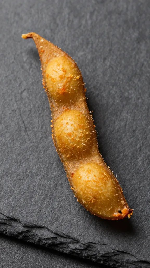single air-fried edamame pod on slate board