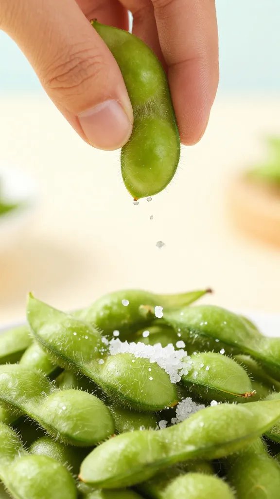 hand sprinkling flaky salt over edamame pods, macro
