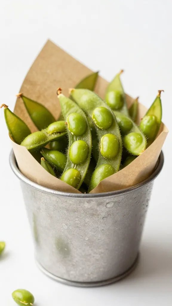 edamame pods “fries” in parchment-lined metal cup