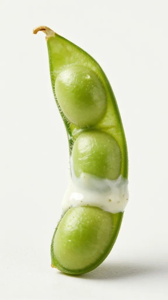 drizzle of wasabi ranch on lone edamame pod, macro