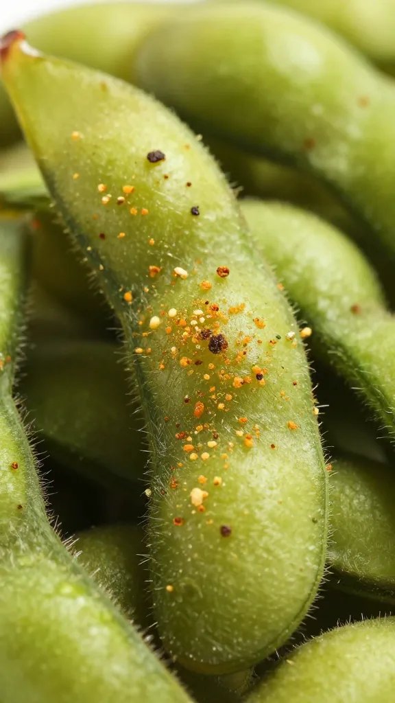 garlic-smoked seasoning on edamame pod, extreme closeup