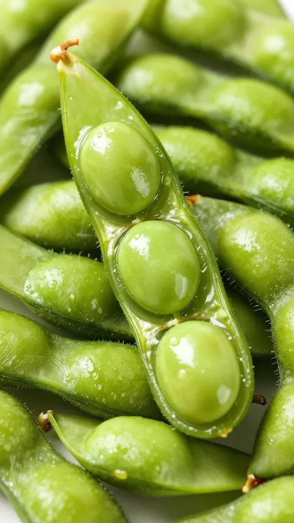 glossy edamame pod split open, tender beans visible