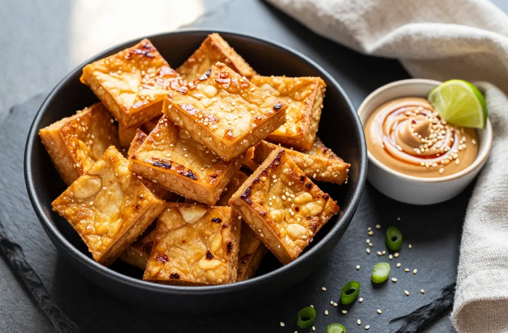Craveable Air Fryer Tofu Skin Crisps with Sesame Sriracha Dip