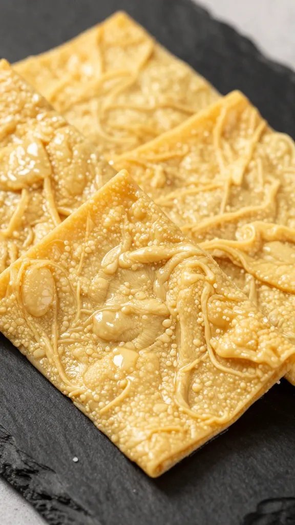 closeup of golden tofu skin crisp on black slate