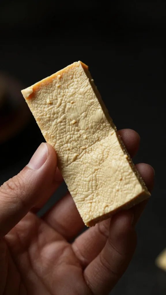 single tofu skin shard in hand, dramatic side lighting