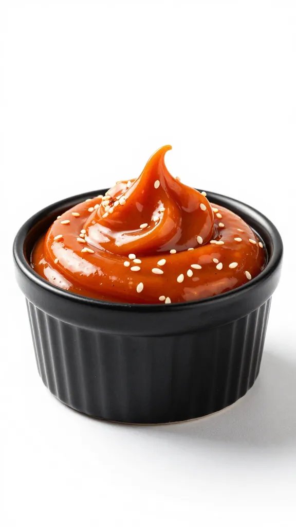 sesame sriracha dip swirl in matte black ramekin