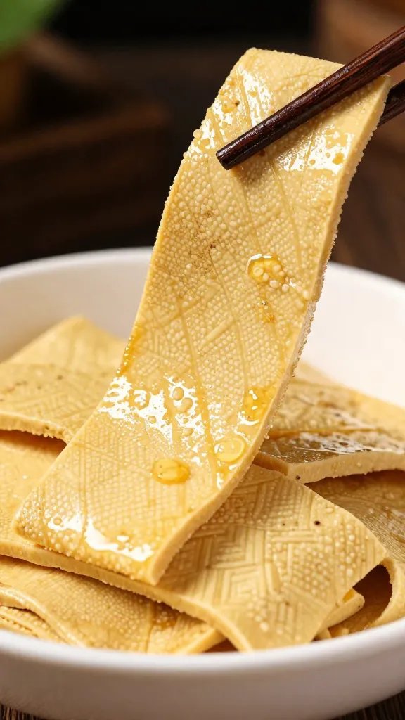 dip-drenched tofu skin tip over white bowl