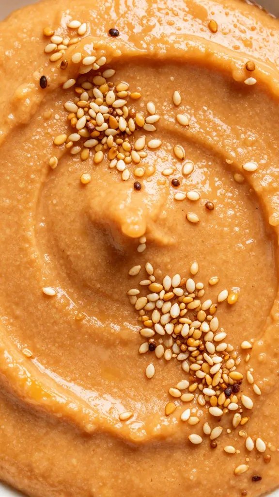 toasted sesame seeds sprinkled over orange dip surface