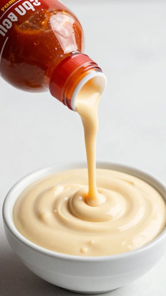 bottle pour of sriracha into tahini-filled bowl