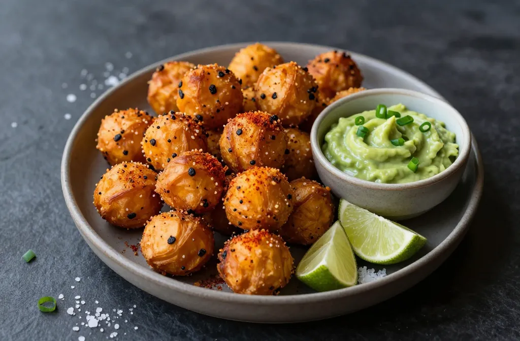 Crispy Air Fryer Black Bean Sweet Potato Tots with Guac Crema