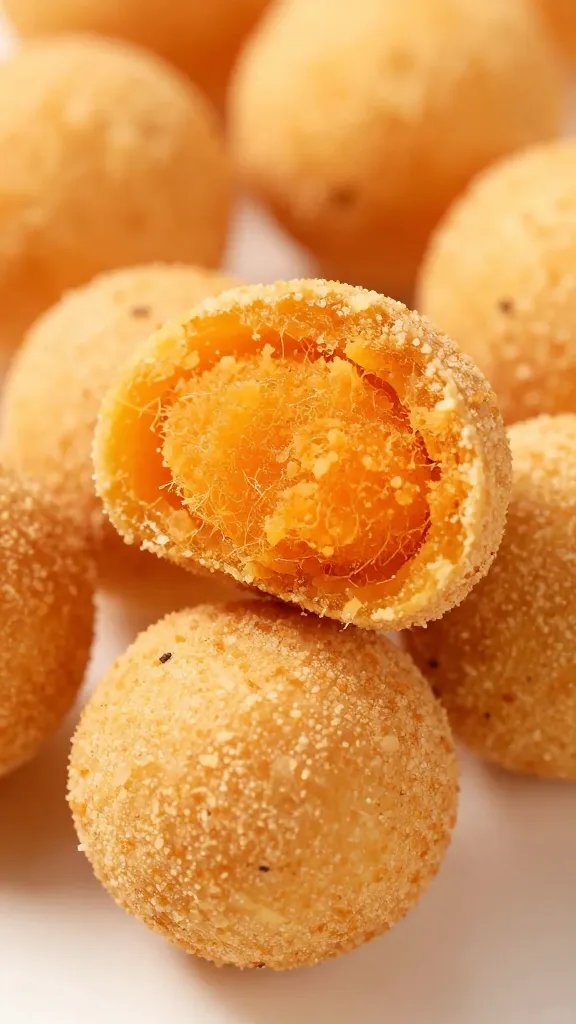 crispy tot bitten open showing fluffy orange interior