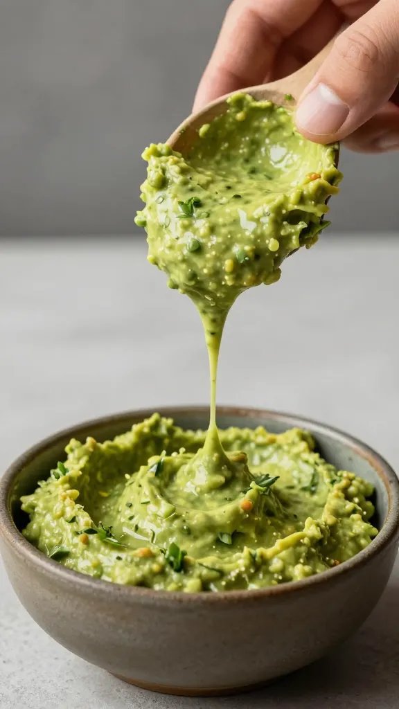 tot being dipped into guac crema, drip mid-air