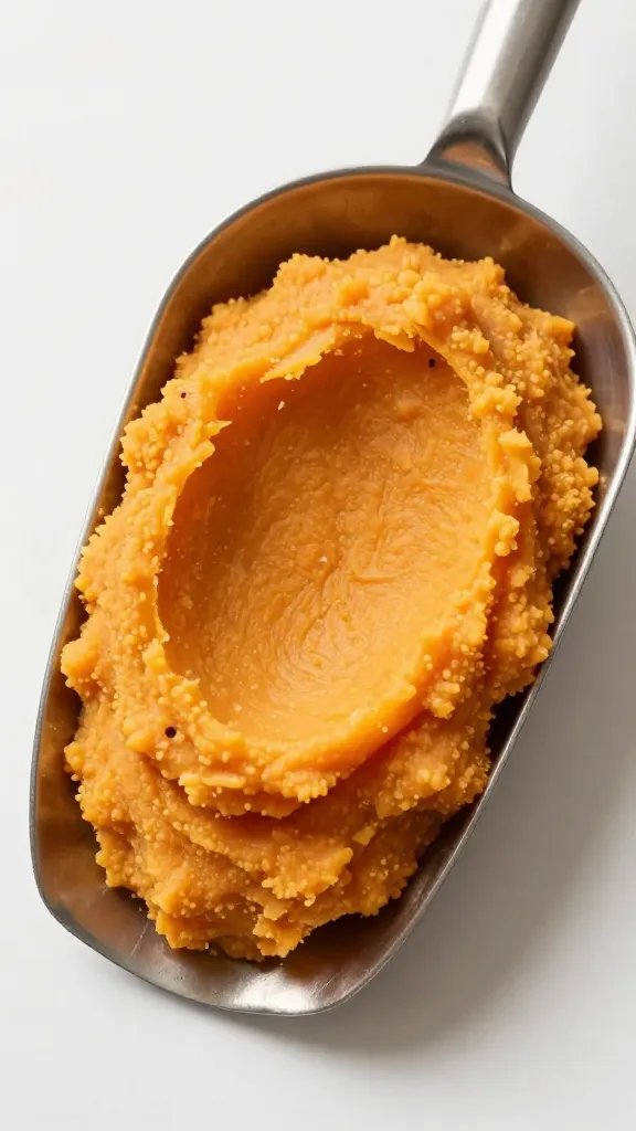 seasoned sweet potato mash on stainless scoop