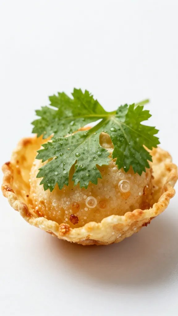 single cilantro leaf resting atop crispy tot