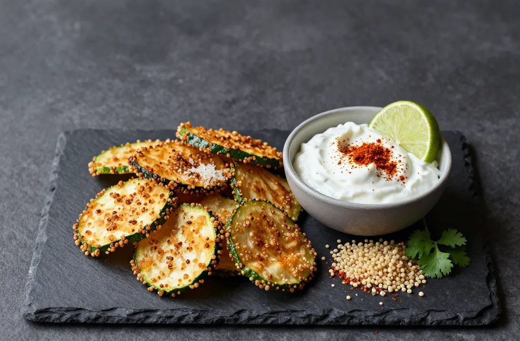 Crispy Air Fryer Quinoa-Coated Zucchini Chips with Yogurt Curry